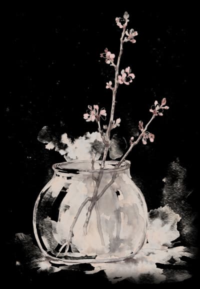 Japanese botanical glass vase with cherry blossoms