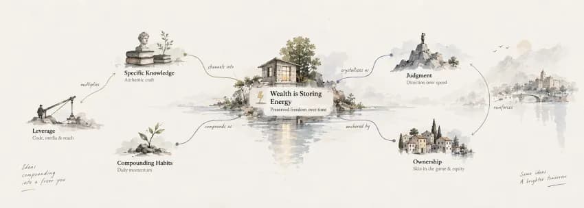 Visual connection graph showing how specific knowledge, leverage, compounding habits, judgment, and ownership connect to wealth