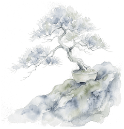 Subtle Japanese watercolor bonsai pine tree on rock