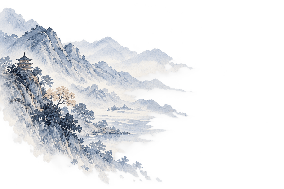 Japanese watercolor mountain landscape with pagoda
