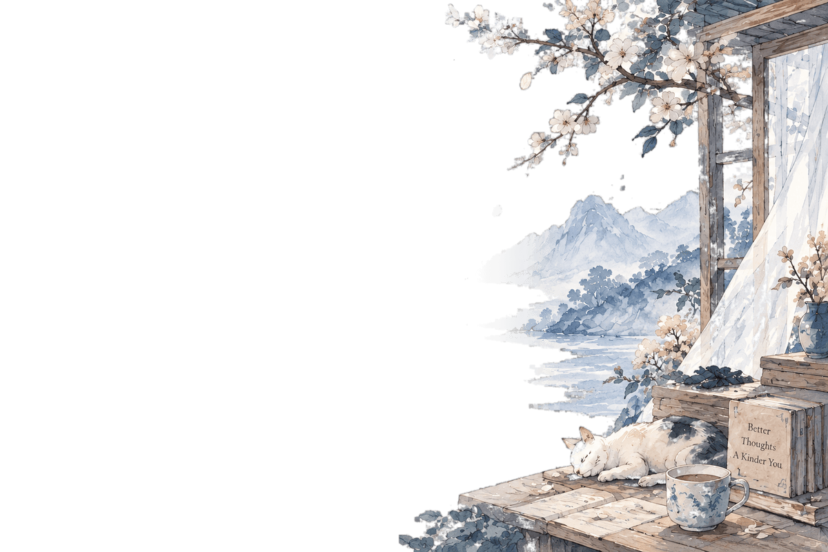 Japanese watercolor window, cherry blossoms, and sleeping cat